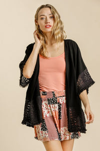 Umgee Black Linen Blend Cardigan with Crochet Details Shirts & Tops Umgee   