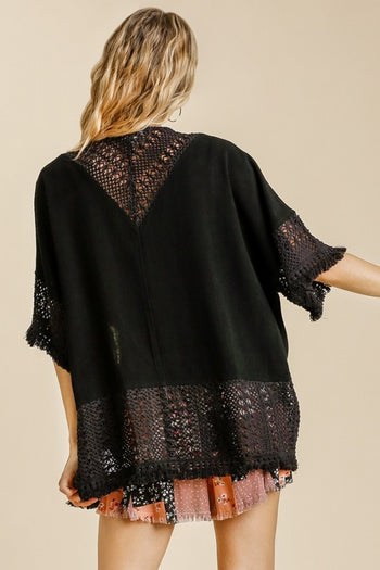 Umgee Black Linen Blend Cardigan with Crochet Details Shirts & Tops Umgee   
