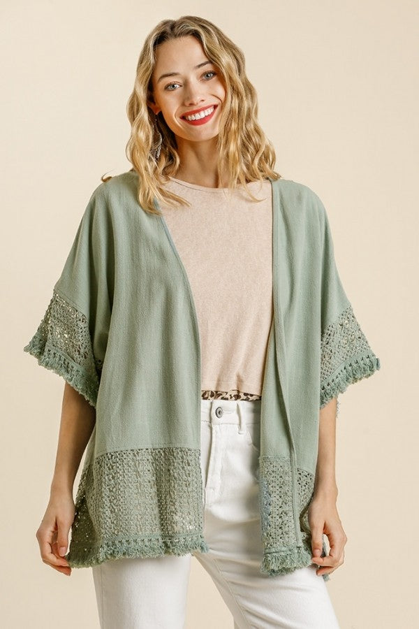 Umgee Dusty Sage Linen Blend Cardigan with Crochet Details Shirts & Tops Umgee   
