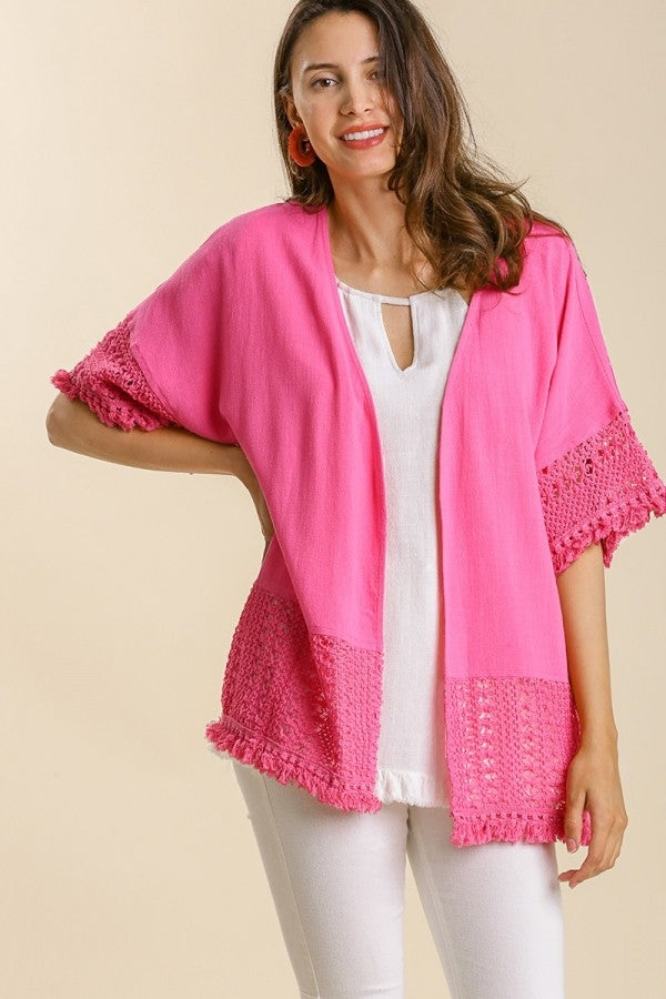 Umgee Hot Pink Linen Blend Cardigan with Crochet Details Shirts & Tops Umgee   