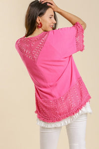 Umgee Hot Pink Linen Blend Cardigan with Crochet Details FINAL SALE Shirts & Tops Umgee   