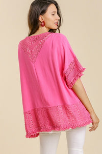 Umgee Hot Pink Linen Blend Cardigan with Crochet Details Shirts & Tops Umgee   