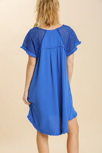 Umgee High Low Linen Blend Dress with Crochet Details in Cobalt Blue Dresses Umgee   