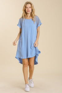 Umgee High Low Linen Blend Dress with Crochet Details in Sky Blue Dresses Umgee   