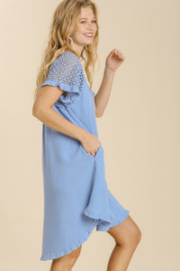 Umgee High Low Linen Blend Dress with Crochet Details in Sky Blue Dresses Umgee   