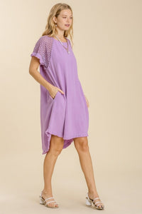 Umgee High Low Linen Blend Dress with Crochet Details in Lavender Dresses Umgee   