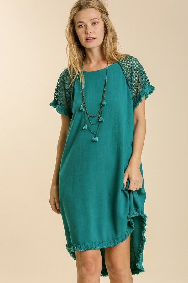 Umgee High Low Linen Blend Dress with Crochet Details in Teal FINAL SALE