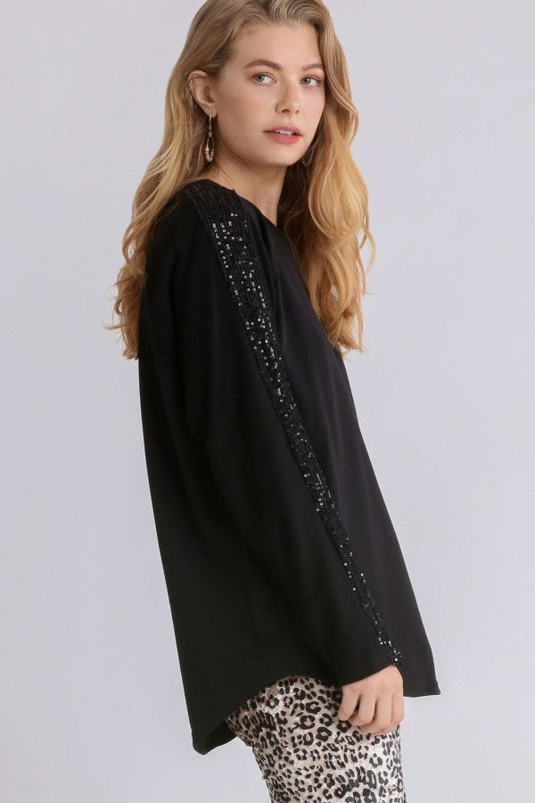 Umgee French Terry Top with Sequin Details in Black  Umgee   