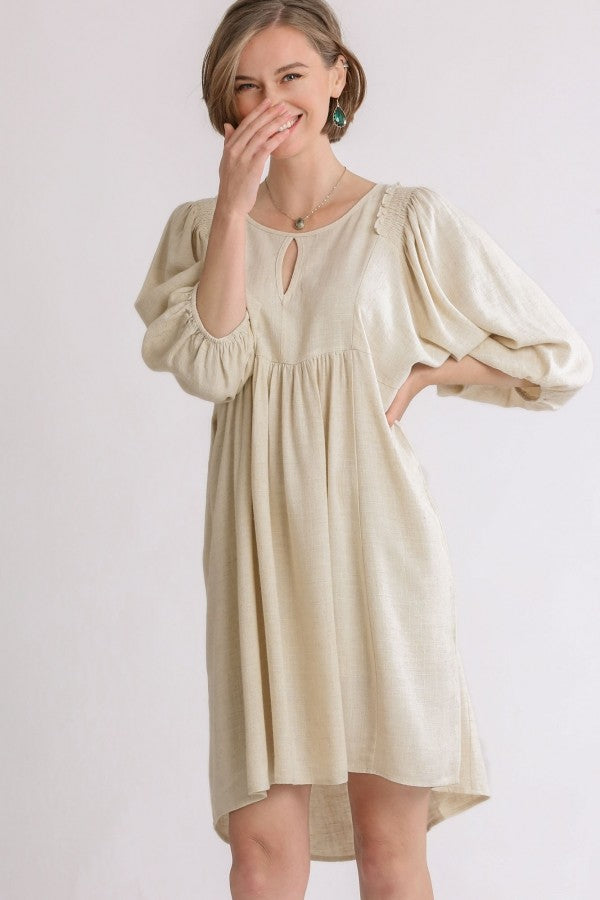 Umgee Linen Blend Keyhole Dress with Smocked Shoulder Detail in Oatmeal Dresses Umgee   