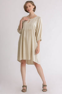 Umgee Linen Blend Keyhole Dress with Smocked Shoulder Detail in Oatmeal Dresses Umgee   