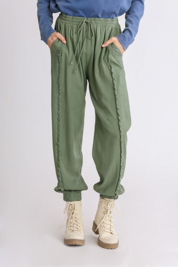 Umgee Linen Blend Jogger Pants with Frayed Details in Light Olive Pants Umgee   