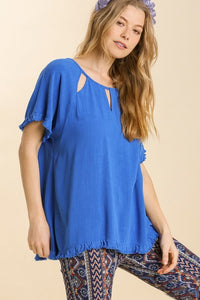 Umgee Linen Blend Top with Cut Out Neckline in Cobalt Shirts & Tops Umgee   