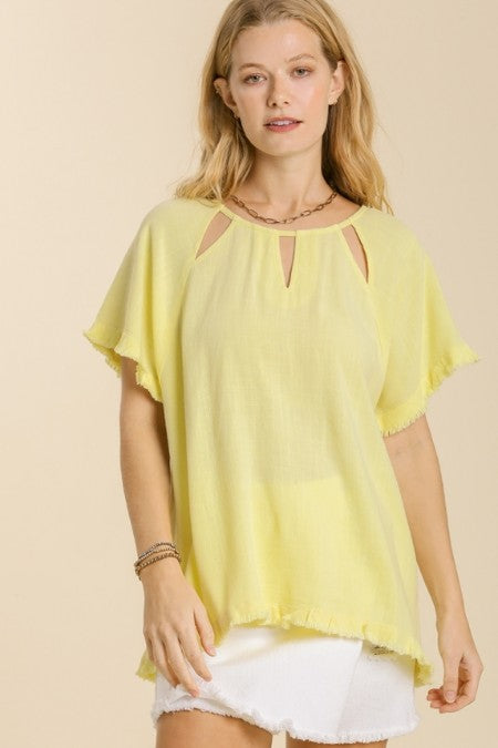 Umgee Linen Blend Top with Cut Out Neckline in Limoncello Shirts & Tops Umgee   