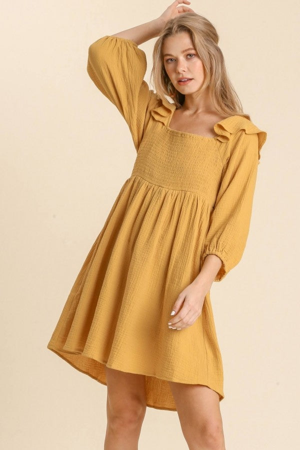 Umgee Gauze Dress with Ruffle Details in Mustard Dresses Umgee   