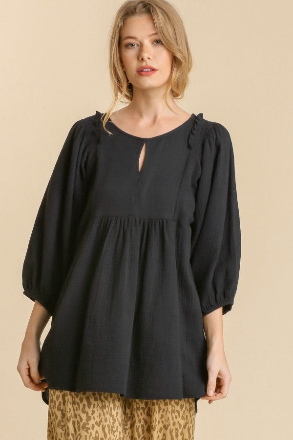 Umgee Gauze Babydoll Top in Black FINAL SALE Shirts & Tops Umgee   