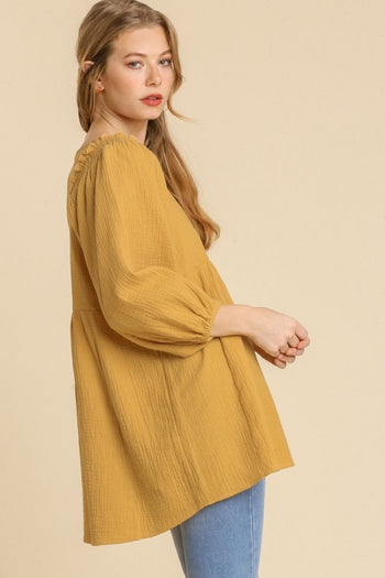 Umgee Gauze Babydoll Top in Mustard Shirts & Tops Umgee   