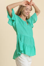 Load image into Gallery viewer, Umgee Tiered Top with Mandarin Collar Split Neckline in Emerald Shirts &amp; Tops Umgee   
