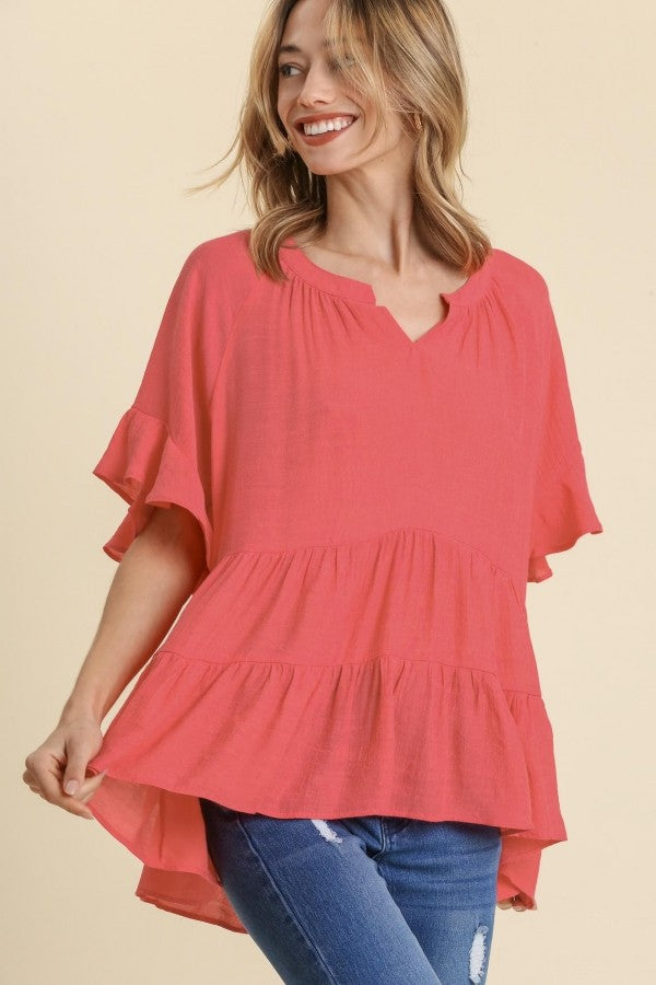Umgee Tiered Top with Mandarin Collar Split Neckline in Strawberry Shirts & Tops Umgee   