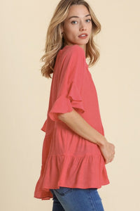 Umgee Tiered Top with Mandarin Collar Split Neckline in Strawberry Shirts & Tops Umgee   