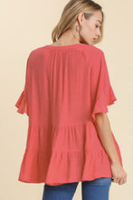 Load image into Gallery viewer, Umgee Tiered Top with Mandarin Collar Split Neckline in Strawberry Shirts &amp; Tops Umgee   
