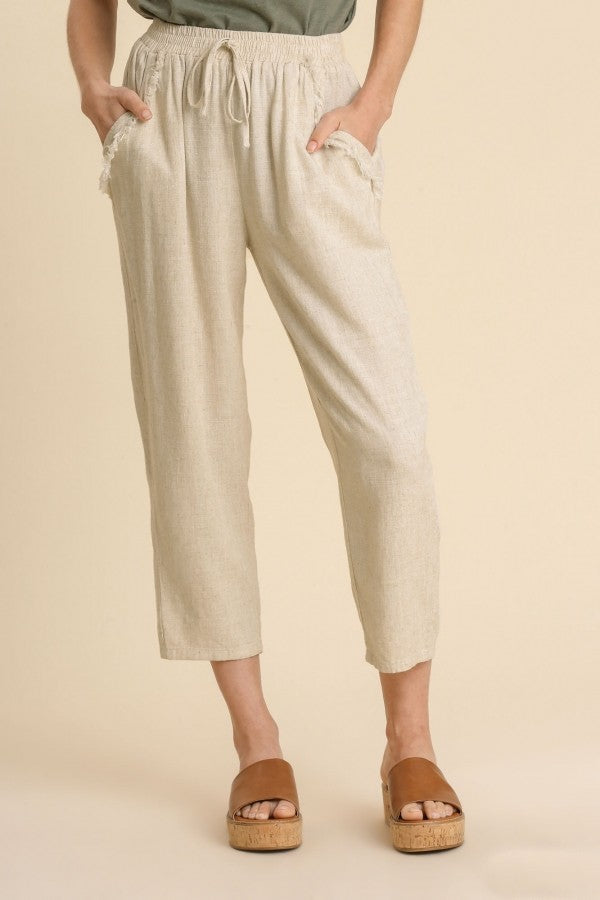 Umgee Linen Blend Pants with Frayed Details in Oatmeal Pants Umgee   