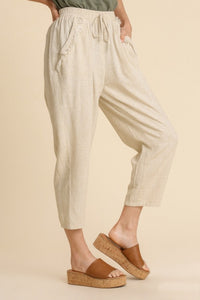 Umgee Linen Blend Pants with Frayed Details in Oatmeal FINAL SALE Pants Umgee   
