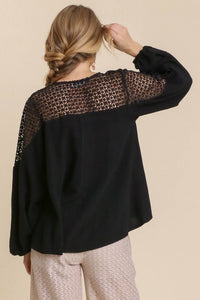 Umgee Long Sleeve Linen Blend Top with Crochet Yoke in Black Shirts & Tops Umgee   