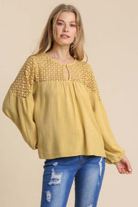 Umgee Long Sleeve Linen Blend Top with Crochet Yoke in Marigold Shirts & Tops Umgee   