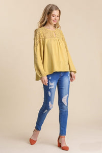Umgee Long Sleeve Linen Blend Top with Crochet Yoke in Marigold Shirts & Tops Umgee   