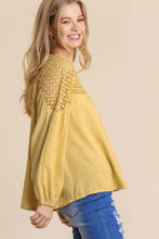 Load image into Gallery viewer, Umgee Long Sleeve Linen Blend Top with Crochet Yoke in Marigold Shirts &amp; Tops Umgee   
