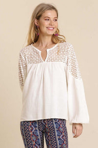 Umgee Long Sleeve Linen Blend Top with Crochet Yoke in Off White Shirts & Tops Umgee   
