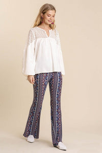 Umgee Long Sleeve Linen Blend Top with Crochet Yoke in Off White Shirts & Tops Umgee   