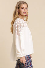 Load image into Gallery viewer, Umgee Long Sleeve Linen Blend Top with Crochet Yoke in Off White Shirts &amp; Tops Umgee   

