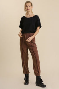 Umgee Linen Blend Mineral Wash Jogger Pants in Plum Pants Umgee   