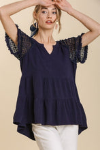 Load image into Gallery viewer, Umgee Linen Blend Tiered Top with Crochet Sleeves in Navy FINAL SALE Shirts &amp; Tops Umgee   

