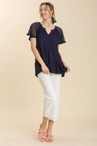 Umgee Linen Blend Tiered Top with Crochet Sleeves in Navy Shirts & Tops Umgee   