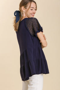 Umgee Linen Blend Tiered Top with Crochet Sleeves in Navy FINAL SALE Shirts & Tops Umgee   