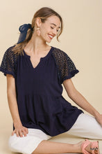 Load image into Gallery viewer, Umgee Linen Blend Tiered Top with Crochet Sleeves in Navy Shirts &amp; Tops Umgee   
