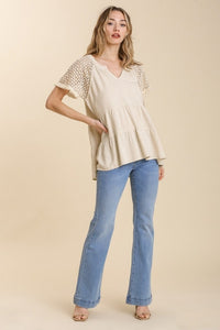 Umgee Linen Blend Tiered Top with Crochet Sleeves in Oatmeal Shirts & Tops Umgee   