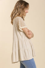 Load image into Gallery viewer, Umgee Linen Blend Tiered Top with Crochet Sleeves in Oatmeal Shirts &amp; Tops Umgee   
