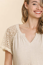 Load image into Gallery viewer, Umgee Linen Blend Tiered Top with Crochet Sleeves in Oatmeal Shirts &amp; Tops Umgee   

