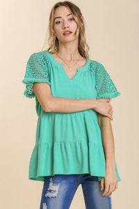 Umgee Linen Blend Tiered Top with Crochet Sleeves in Emerald Shirts & Tops Umgee   