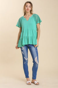 Umgee Linen Blend Tiered Top with Crochet Sleeves in Emerald Shirts & Tops Umgee   