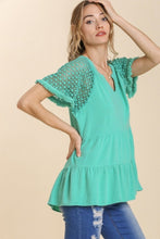 Load image into Gallery viewer, Umgee Linen Blend Tiered Top with Crochet Sleeves in Emerald Shirts &amp; Tops Umgee   
