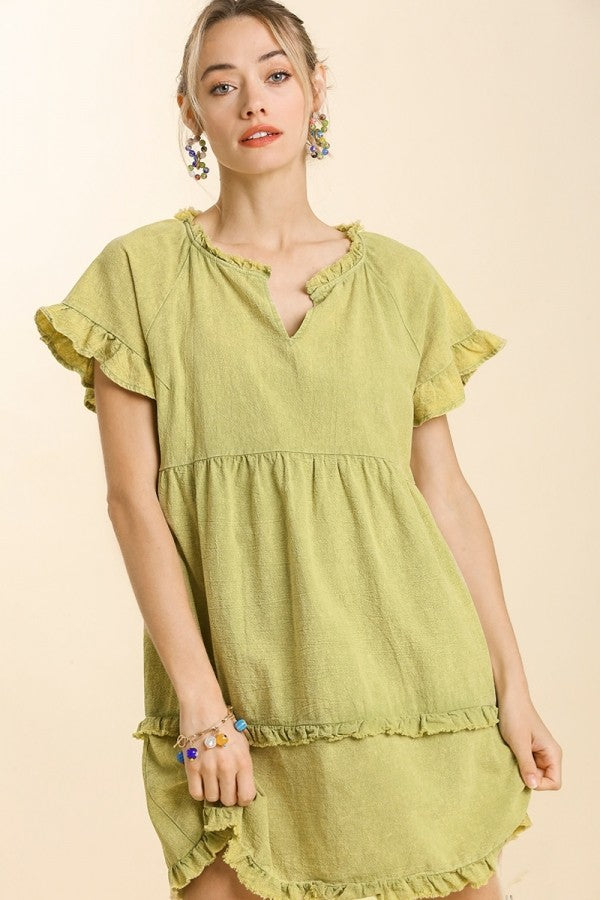 Umgee Mineral Wash Ruffled Dress in Light Olive Dresses Umgee   