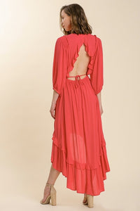 Umgee Watermelon High Low Midi Dress with Cut-out Back Dresses Umgee   