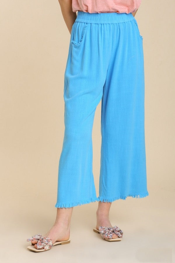 Umgee Wide Leg Linen Pants in Cyan Blue Bottoms Umgee   