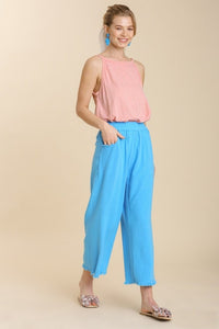 Umgee Wide Leg Linen Pants in Cyan Blue Bottoms Umgee   