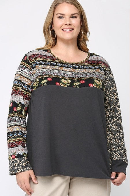 GiGio Top with Mixed Print Contrast in Dark Gray FINAL SALE Top Gigio   