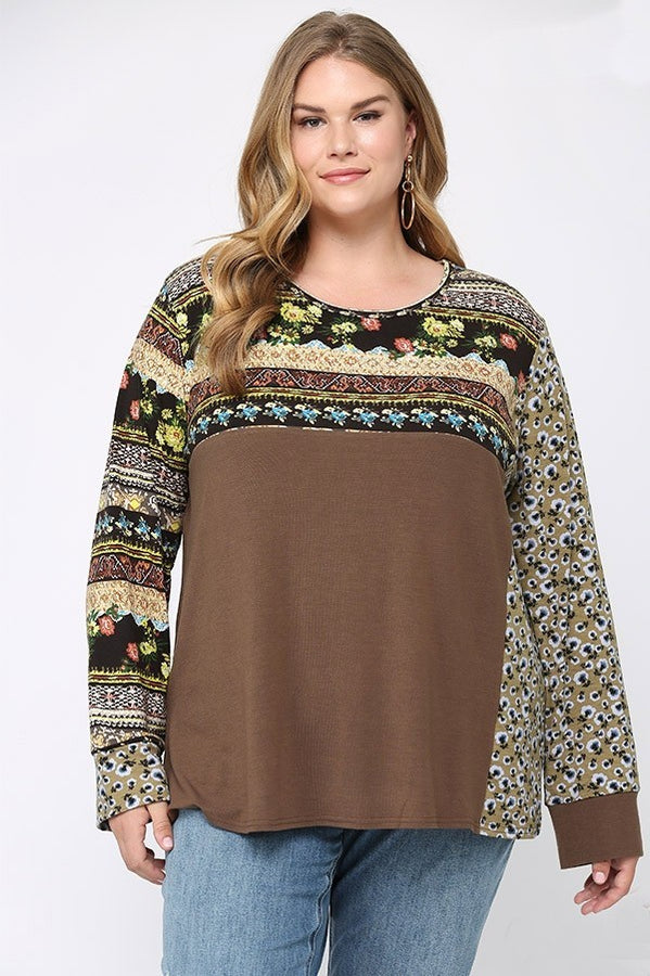 GiGio Top with Mixed Print Contrast in Mocha FINAL SALE Top Gigio   